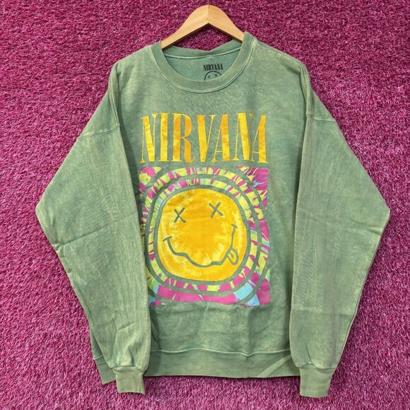 Nirvana Nevermind Grunge Band Mineral Wash Crewneck Green Sweater Size XL - Picture 1 of 5